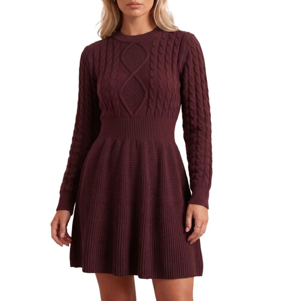 Women Casual Cable Knit Long Sleeve Crewneck Sweater Dress Burgundy